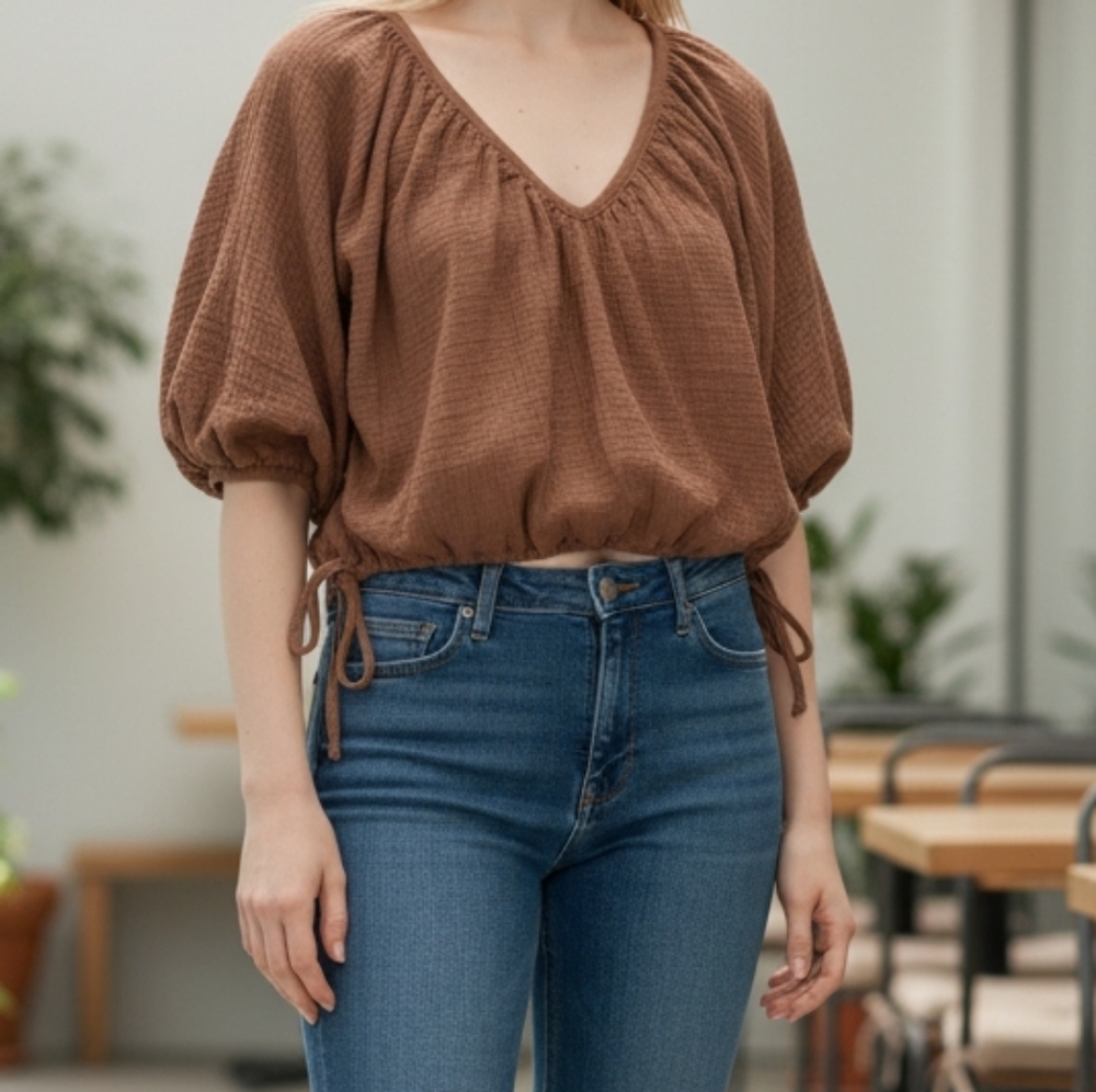 Just Living Brown Cotton Tie Waist Crop Peasant Puff Sleeve Gauze Blouse Sz M